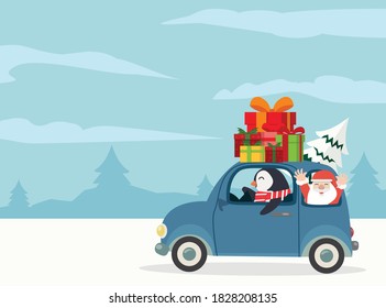penguin driving car with gift boxes merry