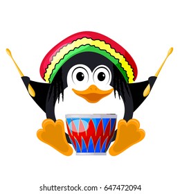 Penguin with a drum in a beret. The little penguin is rastaman. Music of reggae. Vector illustration
