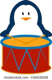 Pinguin mit Schlagzeug, Illustration, Vektorgrafik auf weißem Hintergrund.