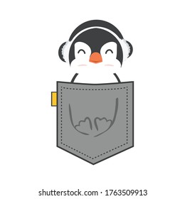 Penguin with ear muffs vector in the pocket Flat Style Design