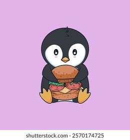 Penguin eating hamburger very cute 