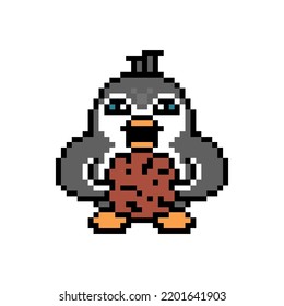 Penguin eating oatmeal chocolate cookie, cute pixel art animal character isolated on white background. Old school retro 80s, 90s 8 bit slot machine, video game graphics. Cartoon bakery mascot.