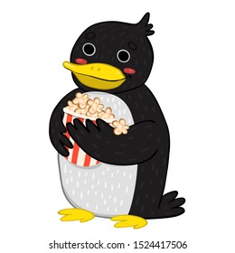 penguin eating popcorn isolated white background
