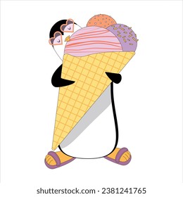 penguin eats ice cream in a waffle cone, sweet tooth pinguin in sunglasses and flip-flops, children's illustration with a cheerful penguin