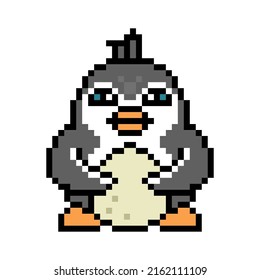 Penguin with an egg, pixel art animal character isolated on white background. Old school retro 80's, 90's 8 bit slot machine, computer, video game graphics. Cartoon baby care mascot. Father's day card