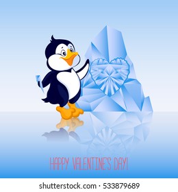 Penguin with embossed heart on the ice and the inscription: happy Valentine's day.