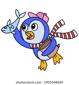 Los emoticones pingüinos se divierten con sus peces de comida, dibujando garrapatas kawaii. ilustración vectorial
