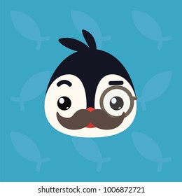 Penguin emotional head. Vector illustration of cute arctic bird shows intelligent emotion. Mister emoji. Smiley icon. Print, chat, communication. Penguin in flat cartoon style on blue background.