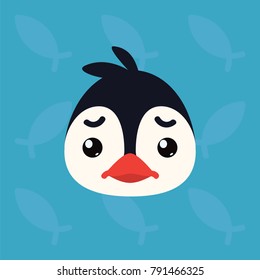 Penguin emotional head. Vector illustration of cute arctic bird shows negative emotion. Sad emoji. Smiley icon. Print, chat, communication. Penguin in flat cartoon style on blue background.