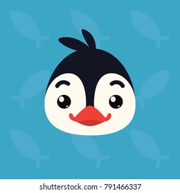 Penguin emotional head. Vector illustration of cute arctic bird shows positive emotion. Smile emoji. Smiley icon. Print, chat, communication. Penguin in flat cartoon style on blue background.