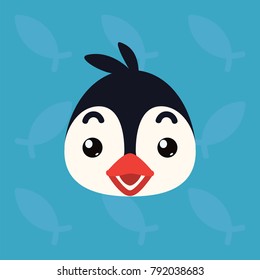 Penguin emotional head. Vector illustration of cute arctic bird shows surprised emotion. Shocked emoji. Smiley icon. Print, chat, communication. Penguin in flat cartoon style on blue background.
