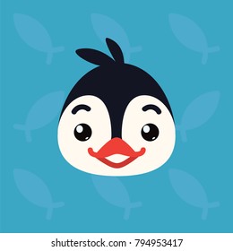 Penguin emotional head. Vector illustration of cute arctic bird shows positive emotion. Happy emoji. Smiley icon. Print, chat, communication. Penguin in flat cartoon style on blue background.