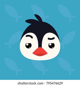 Penguin emotional head. Vector illustration of cute arctic bird shows distrust emotion. Doubt emoji. Smiley icon. Print, chat, communication. Penguin in flat cartoon style on blue background.