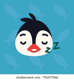 Penguin emotional head. Vector illustration of cute arctic bird shows relax emotion. Sleeping emoji. Smiley icon. Print, chat, communication. Penguin in flat cartoon style on blue background.