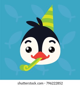 Penguin emotional head. Vector illustration of cute arctic bird shows greeting emotion. Celebrating emoji. Smiley icon. Print, chat, communication. Penguin in flat cartoon style on blue background.