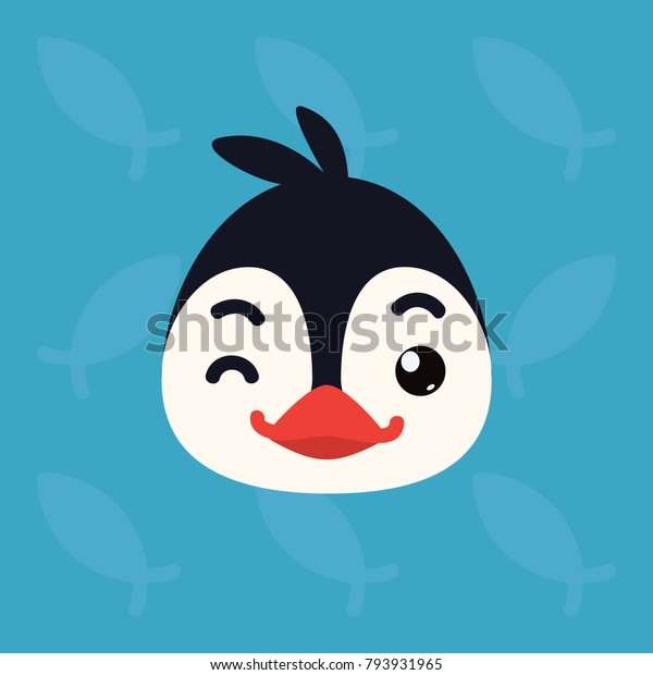 Penguin emotional head. Vector illustration of cute arctic bird shows playful emotion. Blinking
