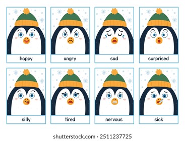 Penguin emotions flashcards collection. Winter character expressing emotions flash cards set. Great for school and preschool. Vector illustration