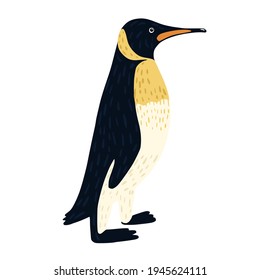 Penguin emperor isolated on white background. Big cute bird from arctic hand drawn style. Beautiful cartoon character. Design vector illustration.