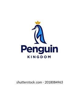 penguin emperor logo concept, blue penguin line with gold crown icon 
