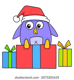 Penguin is enjoying happiness with lots of Christmas gifts, vector illustration art. doodle icon image kawaii.