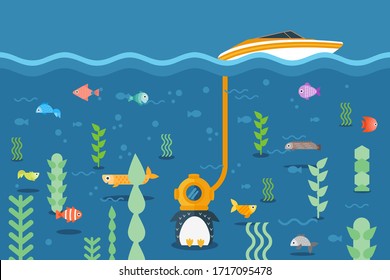 Penguin explores underwater world with three-cap, vector illustration. Fish swim around flightless bird, device tube held to yacht on ocean surface. Penguin character getting food in new way.