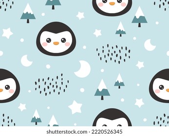 Penguin face blue forest with moon and pine trees scandinavian seamless pattern for wrapping paper, fabric and textile print. Kids woodland animals vector background.