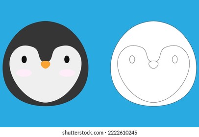 Penguin face cartoon character. Cute outline penguin animal face coloring book for kids. Vector illustration. Outline icon penguin head. Cartoon face logo.