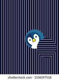 Penguin Face come out of blue background with white stripe - Vector illustration