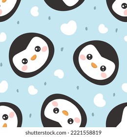 penguin face flying with hearts, kids fabric and textile pastel blue print. valentines adorable wrapping paper simple flat vector design.