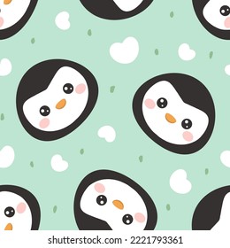 penguin face flying with hearts, kids fabric and textile pastel mint green print. valentines adorable wrapping paper simple flat vector design.