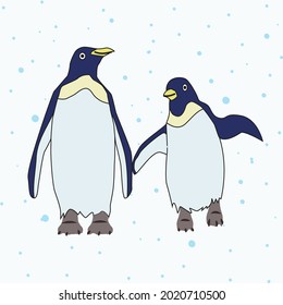 penguin and falling snow, flat style illustration, can be used for postcards, posters and any design