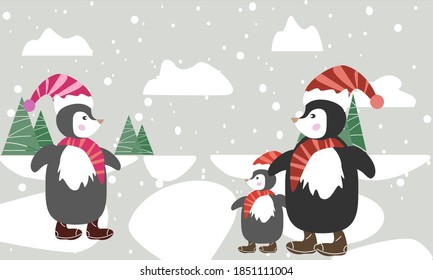 The penguin family dressed in warm Christmas hats and scarfs. On the background the snow is falling, there are also some ice pieces and a few pine trees.