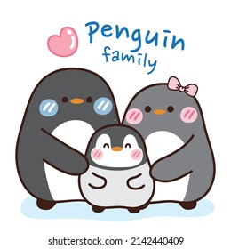 Penguin family with heart hand drawn background.Animal doodle.Cute cartoon character design.Image for card,poster,children wear.Kawaii.Vector.Illustration.
