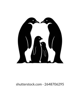 Família de pinguins amontoados em conjunto para aquecer em ambiente frio