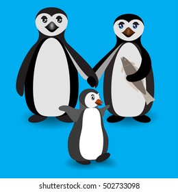 Penguin family. Love feeling. Boyfriend and Girlfriend Penguins. Antarctic birds standing and holding hands. Vector flat illustration.