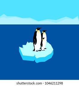 Penguin family standing on the ice floe in the antarctic waters, melting ices