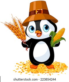 Penguin farmer holds corn and wheat