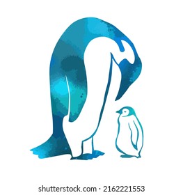 Penguin father and baby. blue Vector illustration