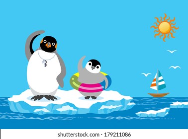 Penguin father and child,,summer greeting card