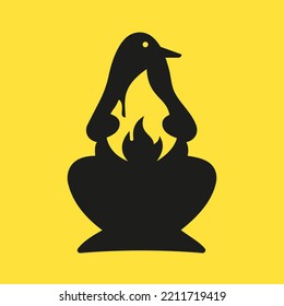 Penguin Fire Logo Negative Space Concept Vector Template. Penguin Holding Fire Symbol