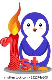 Penguin first birthday, illustration, vector on white background.