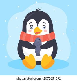 Penguin with fish. Animal has caught its prey, fishing. Character sits in winter under snowfall. South Pole, Arctic, Antarctica. Kids stickers, poster, banner. Cartoon flat vector illustration
