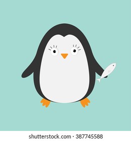Penguin with fish. Cute cartoon character. Arctic animal collection.  Baby bird. Flat design Vector illustration