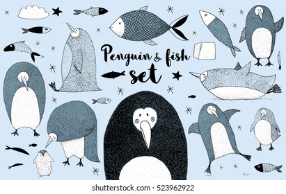 Penguin and fish hand drawn set. Original characters. Black, blue and white colors. Illustration for children's books.