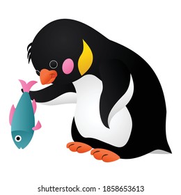 Penguin with fish icon. Cartoon of penguin with fish vector icon for web design isolated on white background