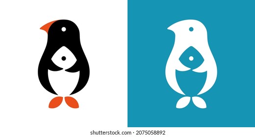 Penguin with fish in its paws. Flat style. Logo or sign concept 