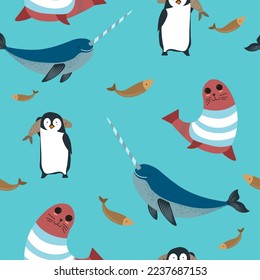 Penguin with fish and sea lion wearing warm knitwear clothes, whales and swimming marine animals. Aquarium creatures. Seamless pattern or wallpaper, background or print. Vector in flat style