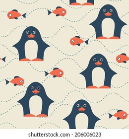 Penguin and fish seamless pattern. Childish background. Holiday design. Vector illustration.