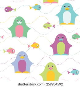 Penguin and fish seamless pattern. Childish background. Holiday design. Vector illustration.