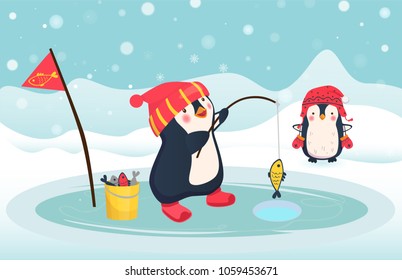 Penguin fisherman caught fish. Cartoon Fisherman and fish. Ice fishing vector